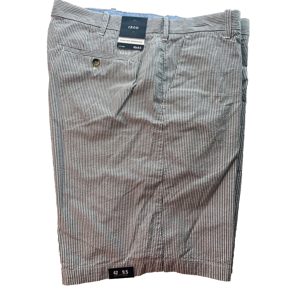 IZOD Men's Shorts Size 42 Sandy Bay Seersucker Flat Front Blue White Striped NWT